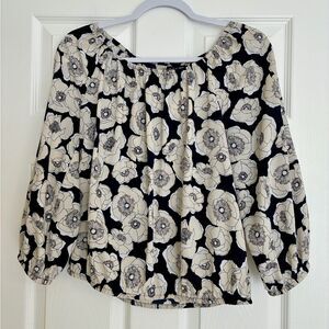 Jones NY Top Petite M Floral Navy Cream Peasant Blouse Boho Cottagecore Blouson